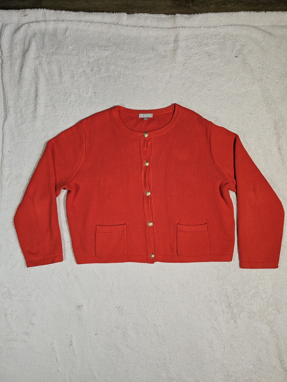 J. Crew Red Cropped Crewneck Cardigan with Gold Buttons. - Picture 2 of 13